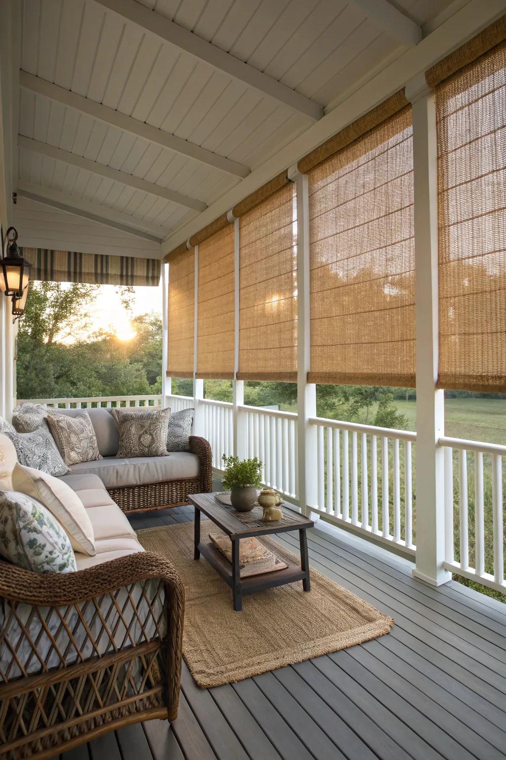 Bamboo blinds offer natural elegance to any porch setting.