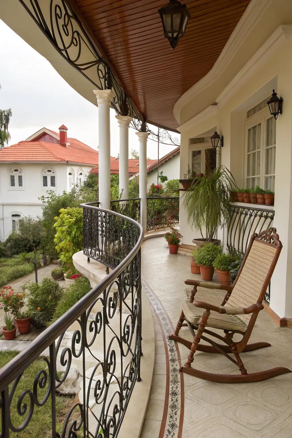 Timeless wrought iron railings add classic charm to any porch.