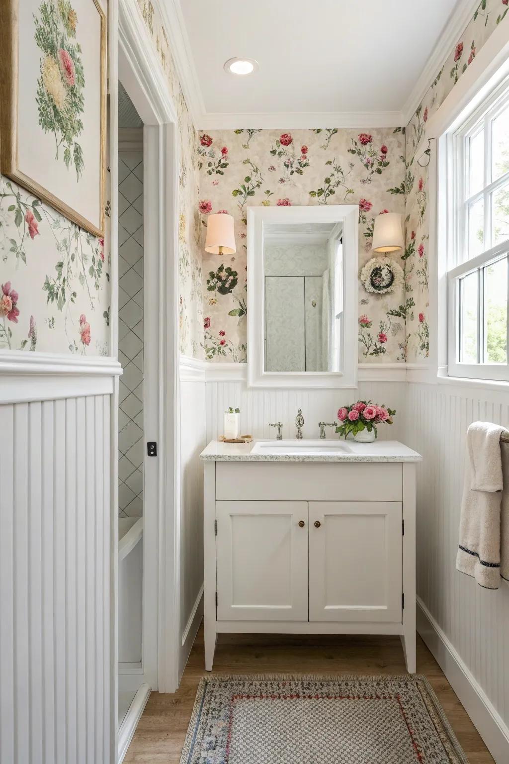 Classic beadboard paired with floral wallpaper brings timeless charm.