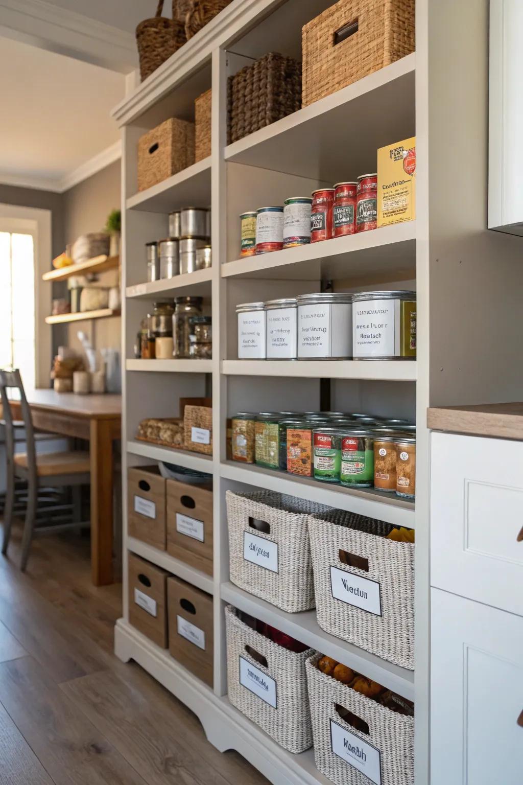 Modular shelving makes pantry organization a breeze.