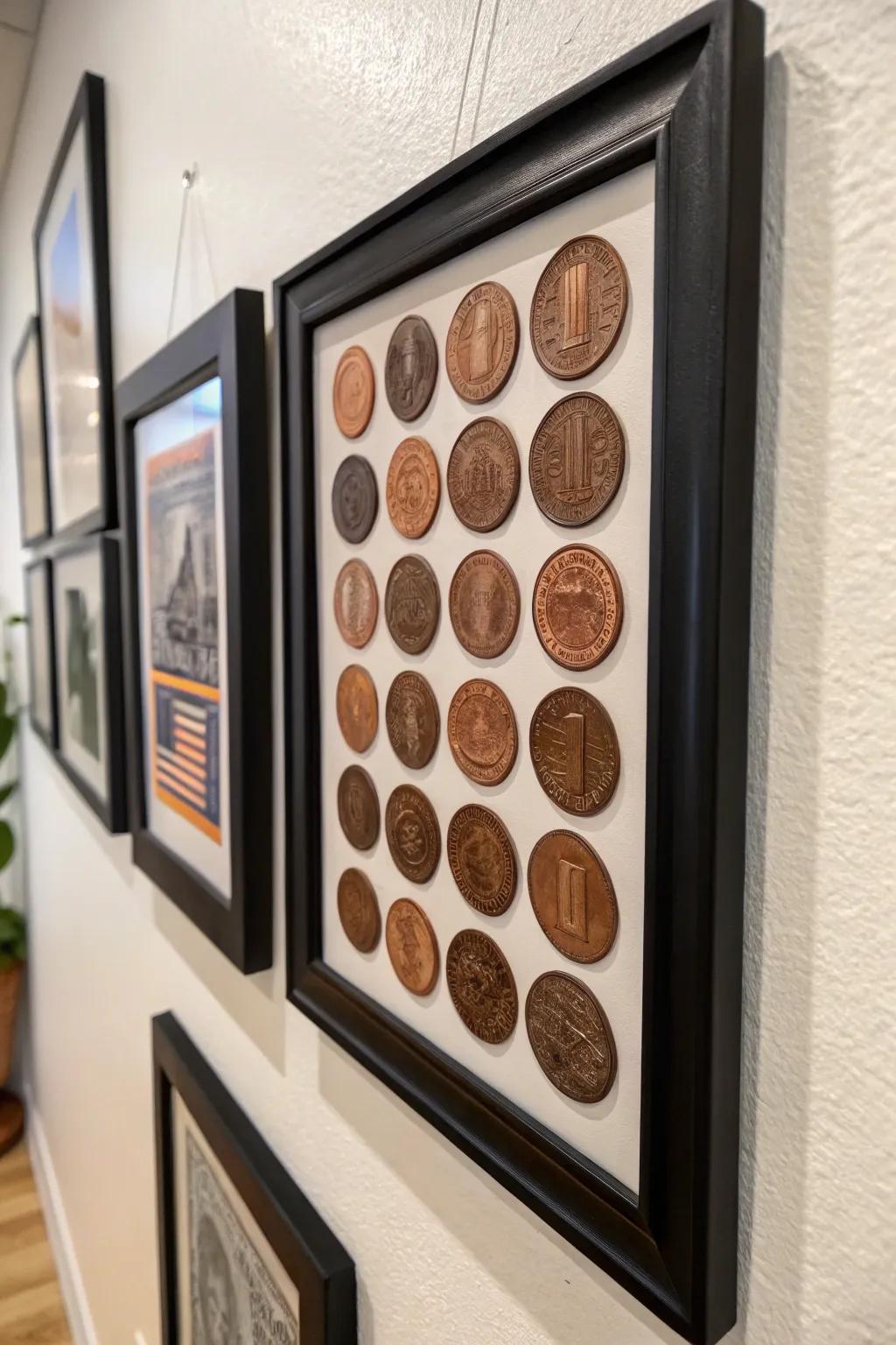 A black-framed collage of pressed pennies adds an artistic flair to any wall.