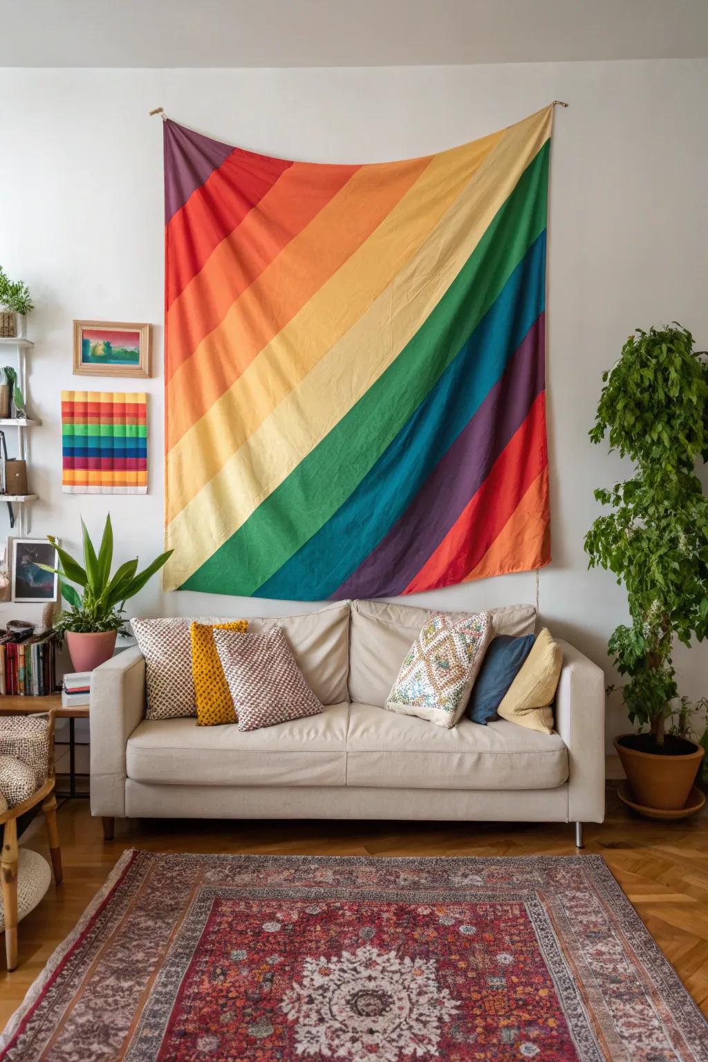 A striking rainbow canvas adding vibrance to a cozy living space.