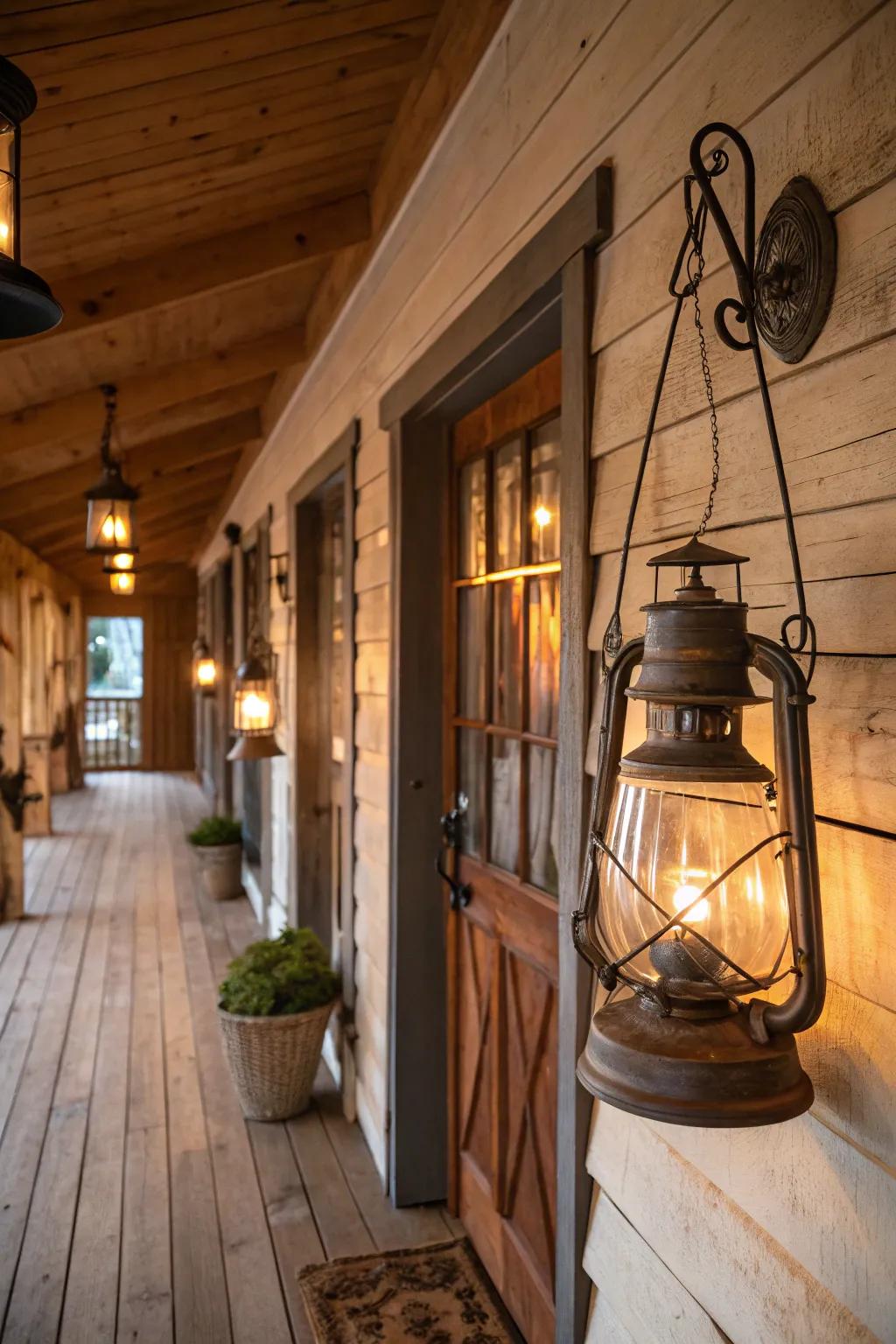 Rustic iron lanterns warmly illuminating an entryway.