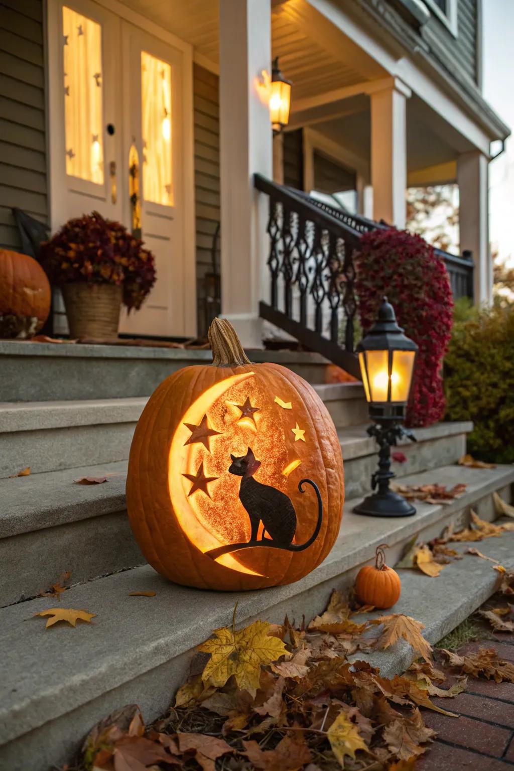 A whimsical moon cat pumpkin brings a touch of magic to your fall decor.