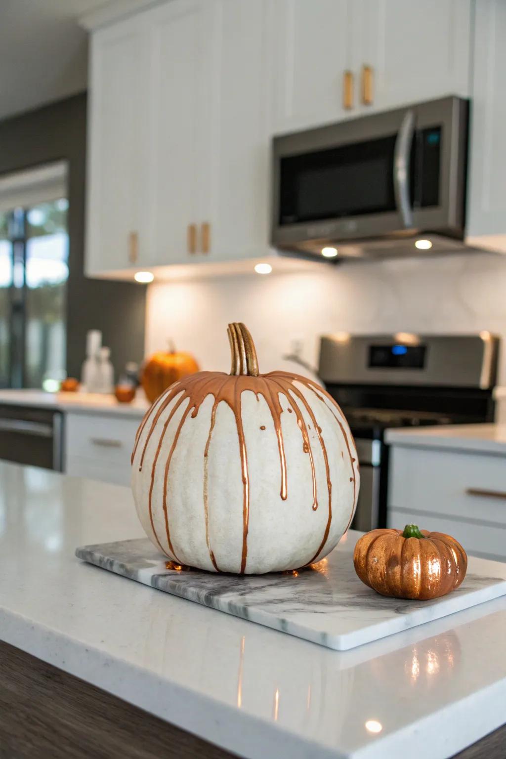 Copper drips give this pumpkin a sophisticated and chic appearance.