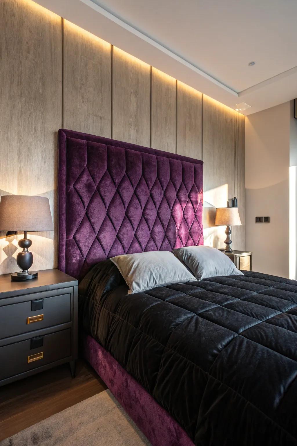 A bedroom with a plush purple velvet headboard and contrasting black bedding.