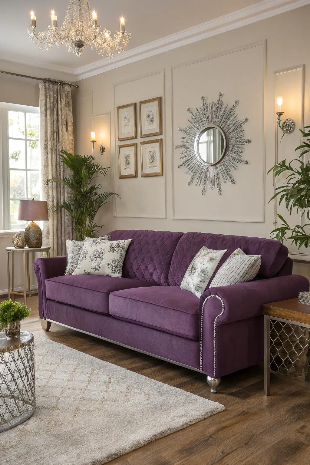 A plush purple sofa creates an elegant focal point.