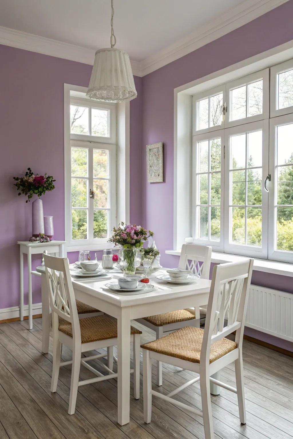 Light purple walls create an airy and welcoming dining room.