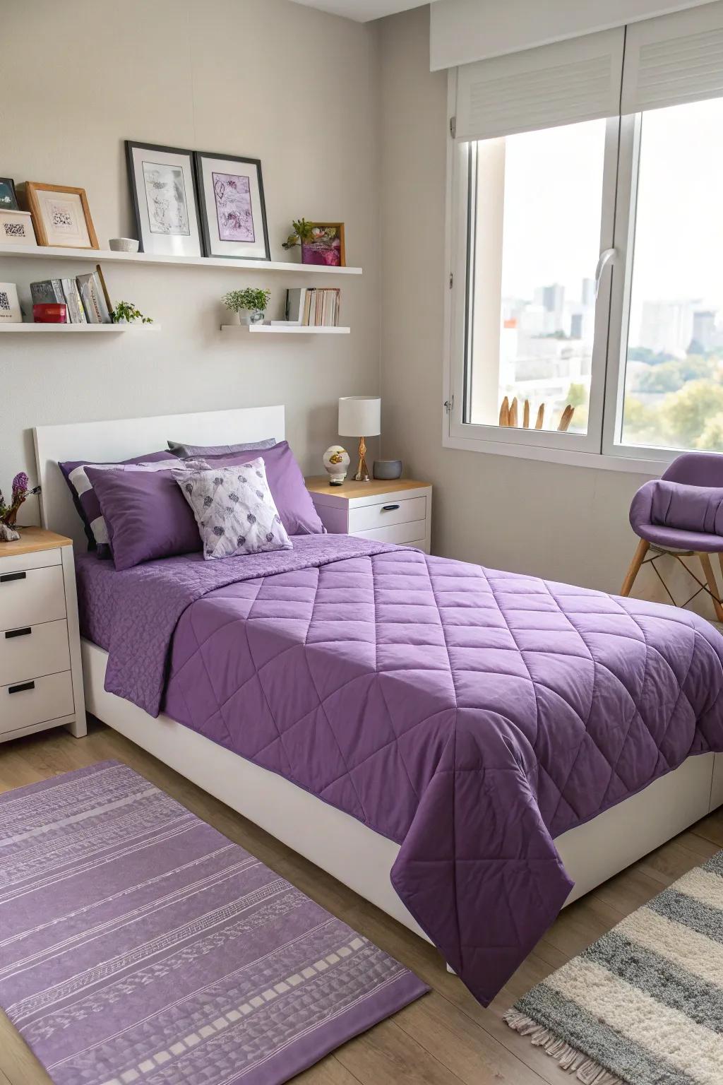 A boys' bed dressed in purple bedding adds a vibrant touch.