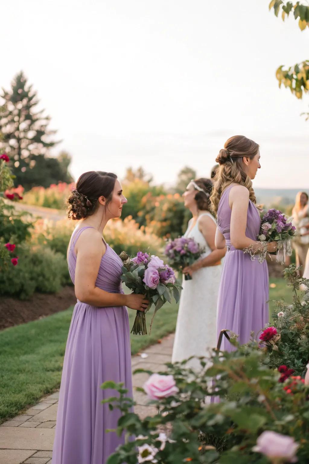 Bridesmaids in dreamy lavender dresses, perfect for a serene wedding.