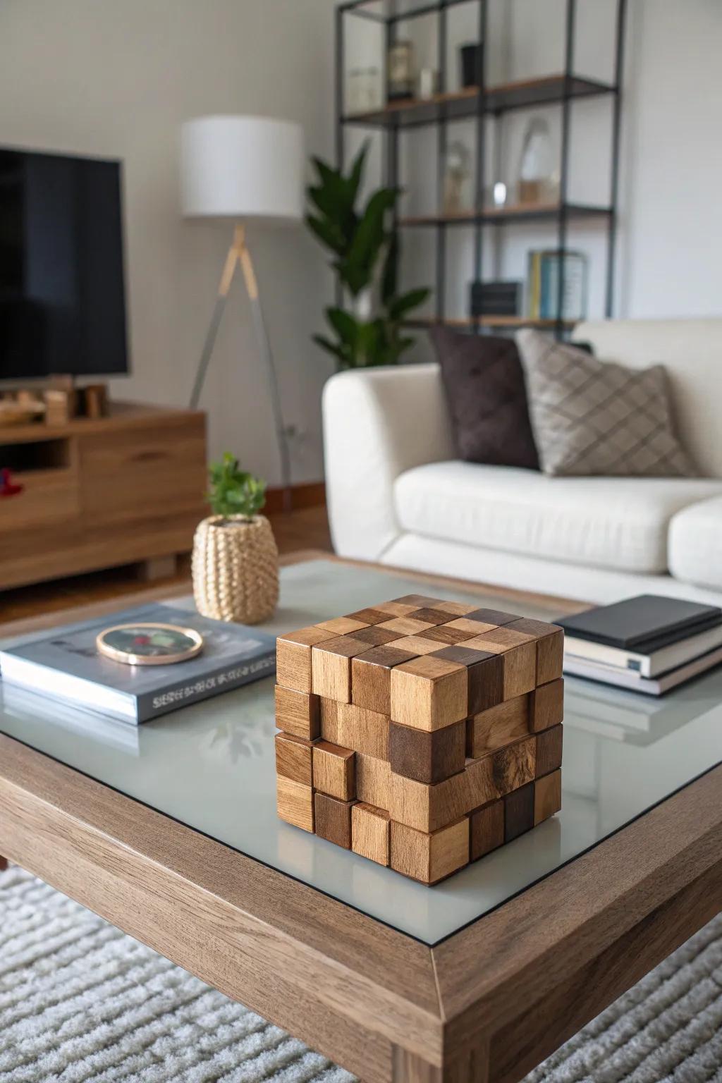 A wooden puzzle cube serves as a captivating centerpiece on this coffee table.