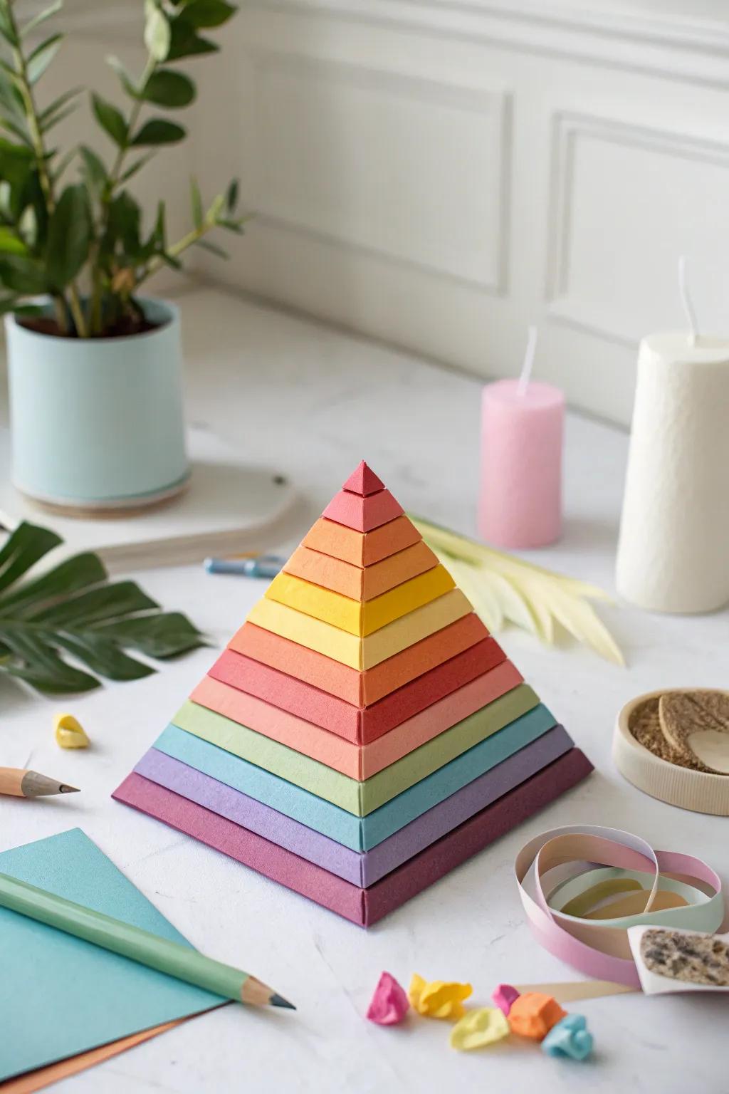 Crafting joy: A colorful paper strip pyramid that blends creativity with simplicity.
