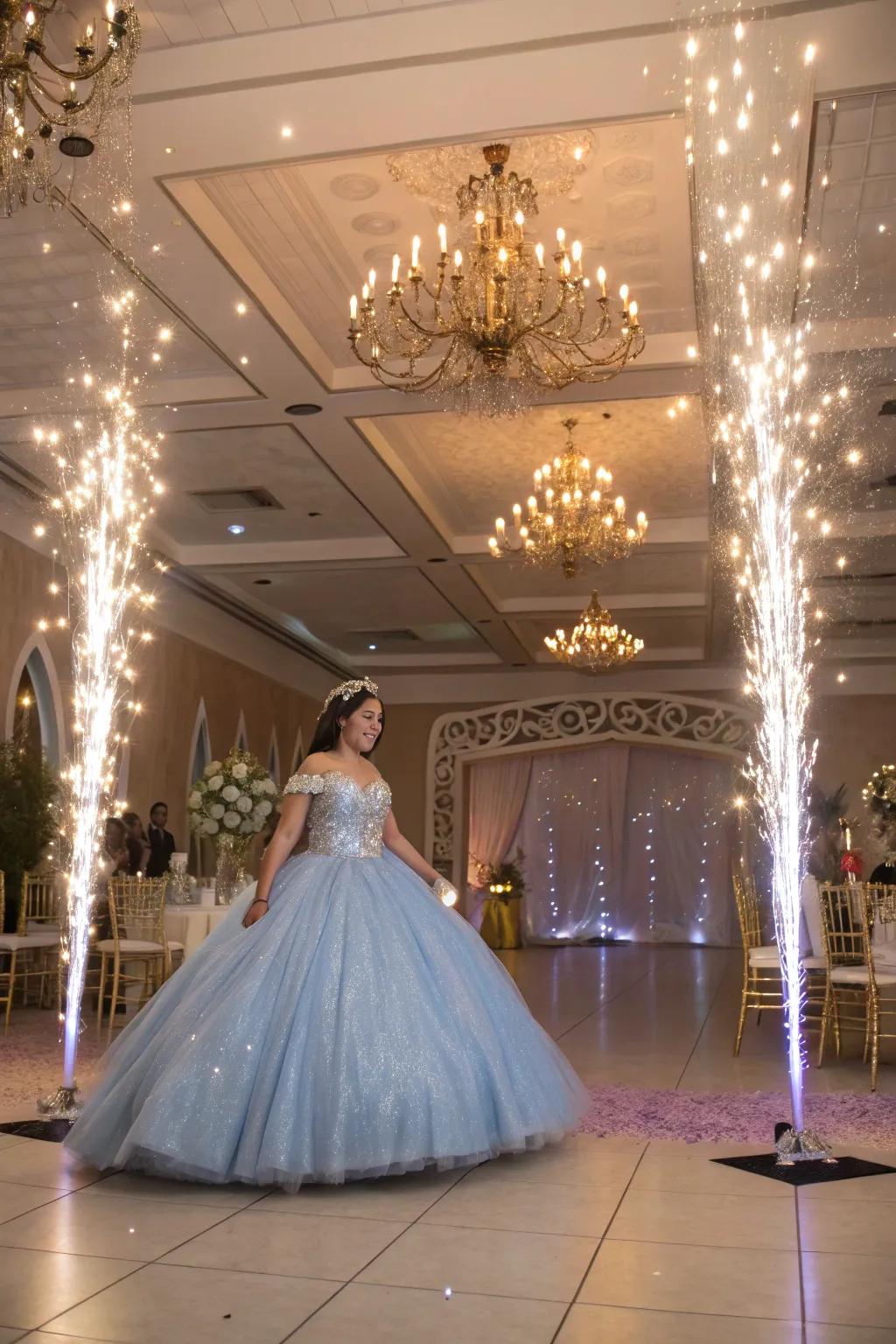 A magical fairytale princess-themed quinceanera with a grand ballroom setting.