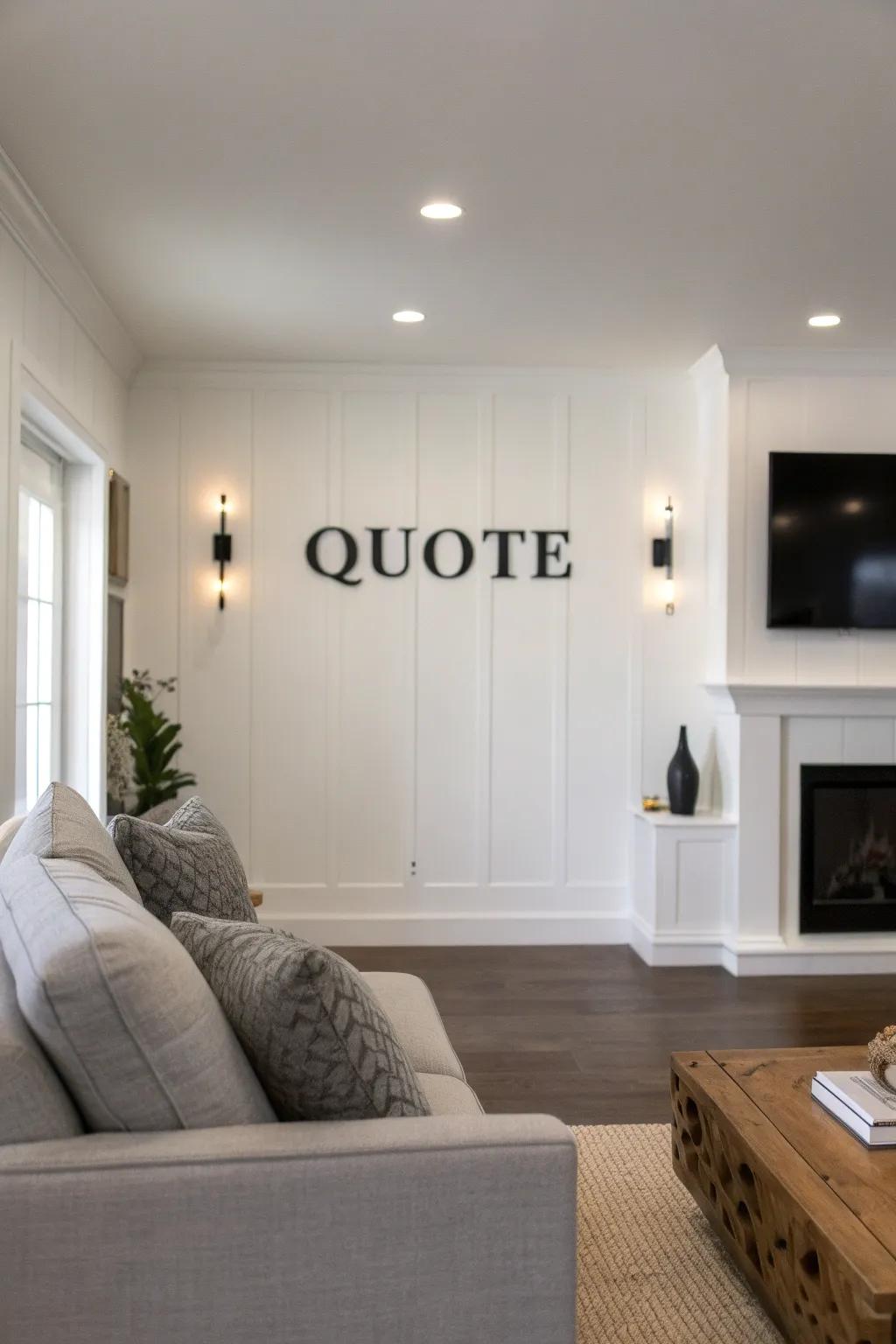 A living room featuring a wall adorned with a bold quote in striking typography.