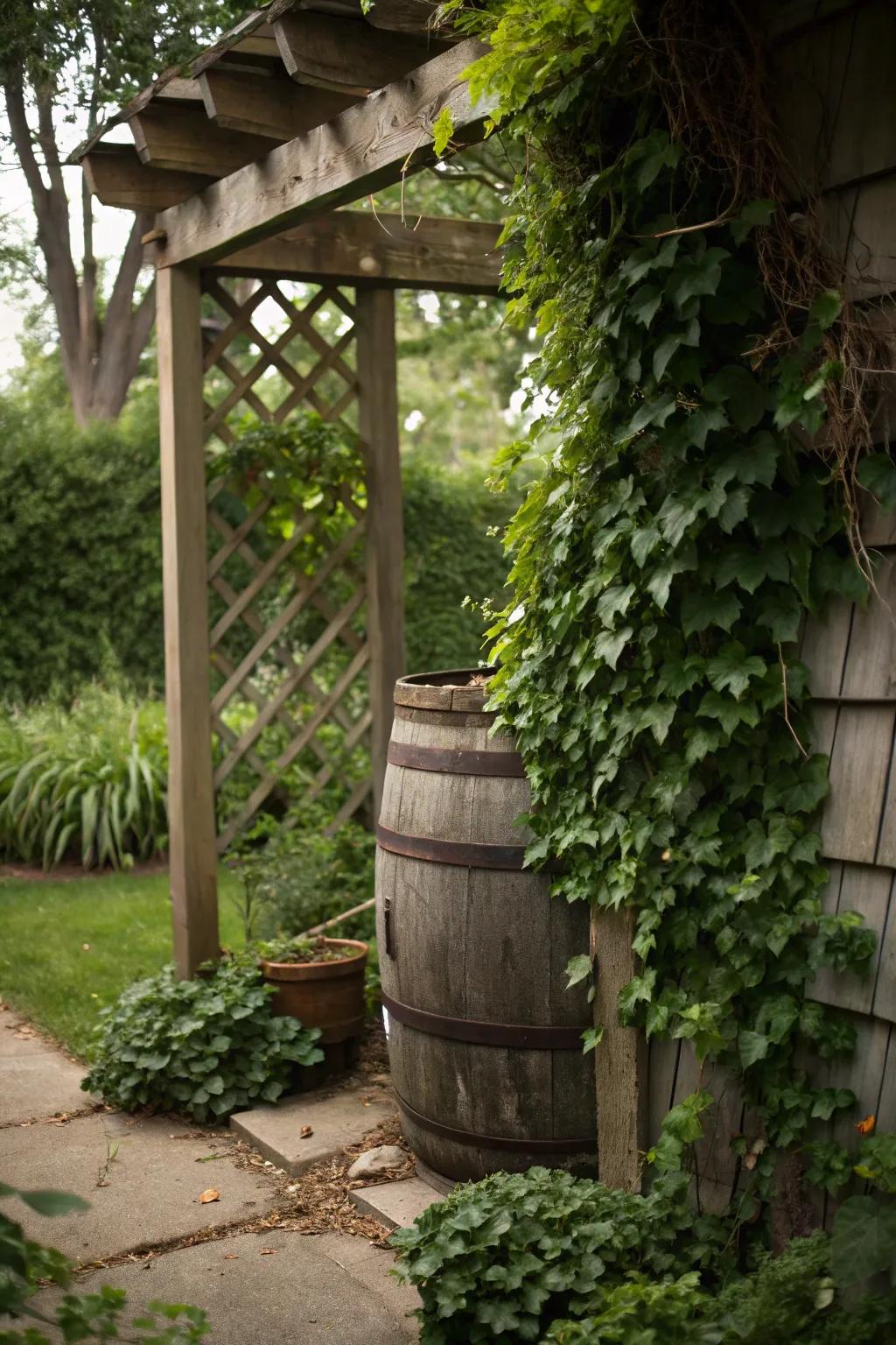 Climbing plants like ivy can turn your rain barrel into a natural garden feature.