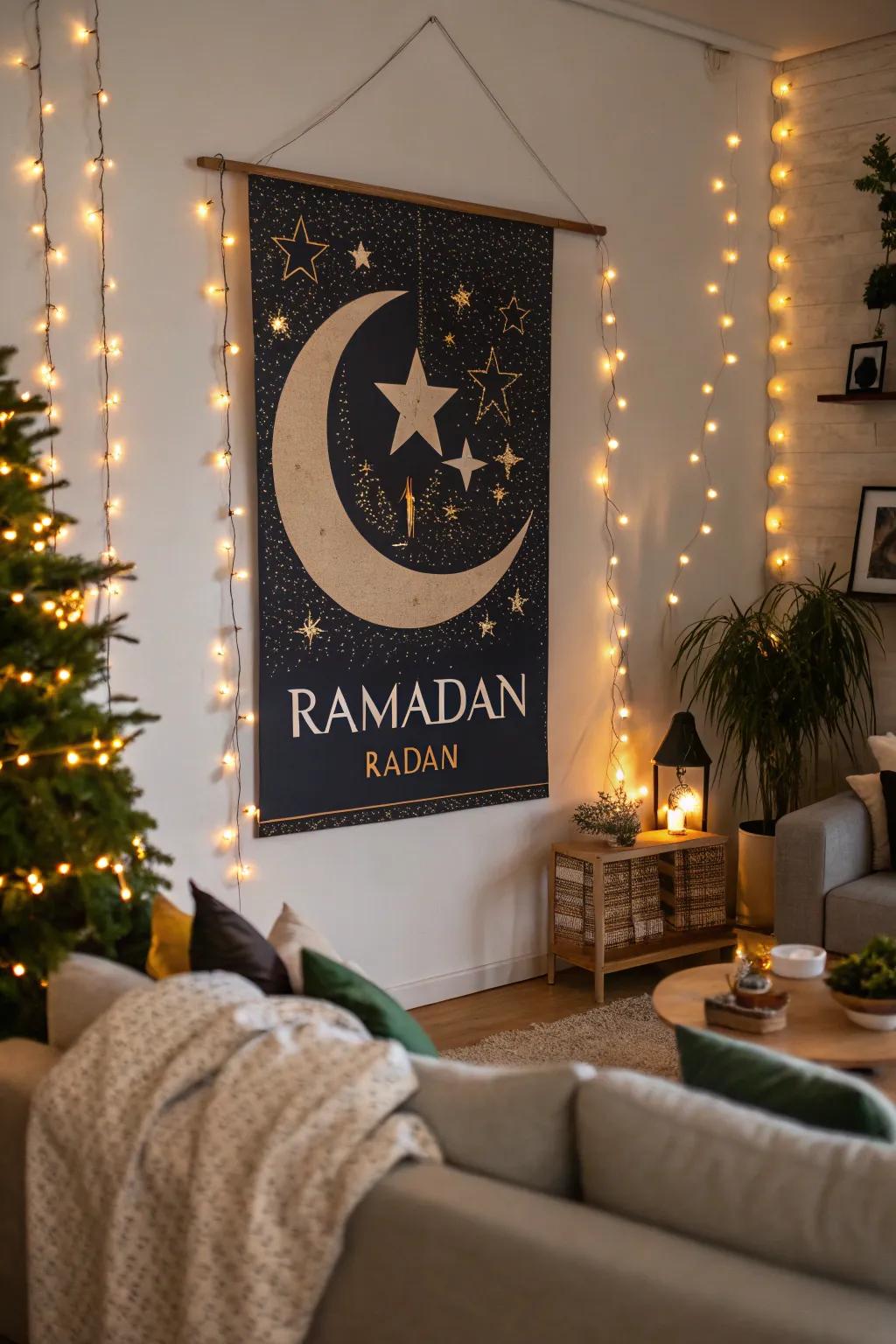 A crescent moon and stars bring a calming touch to the living room.