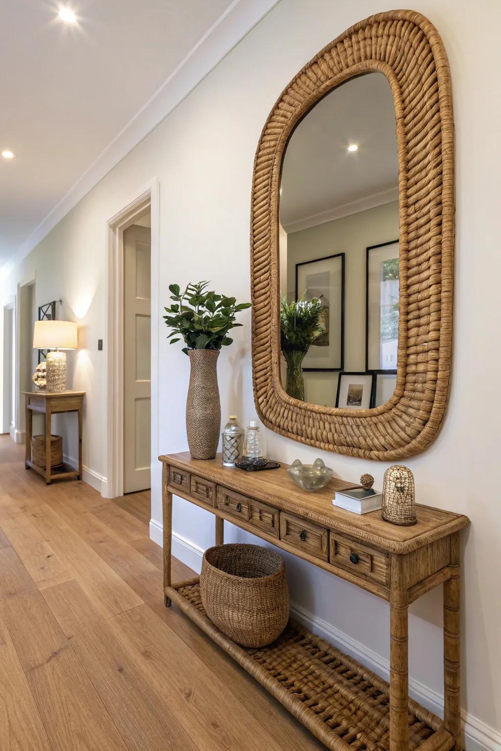 A rattan wall mirror can brighten up your entryway.