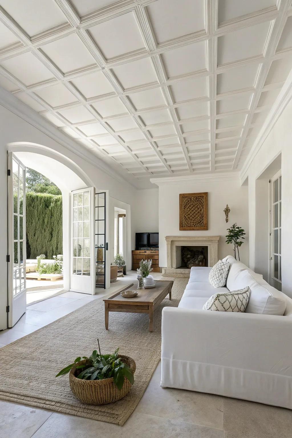 A minimalist living room with a white-on-white recessed ceiling.