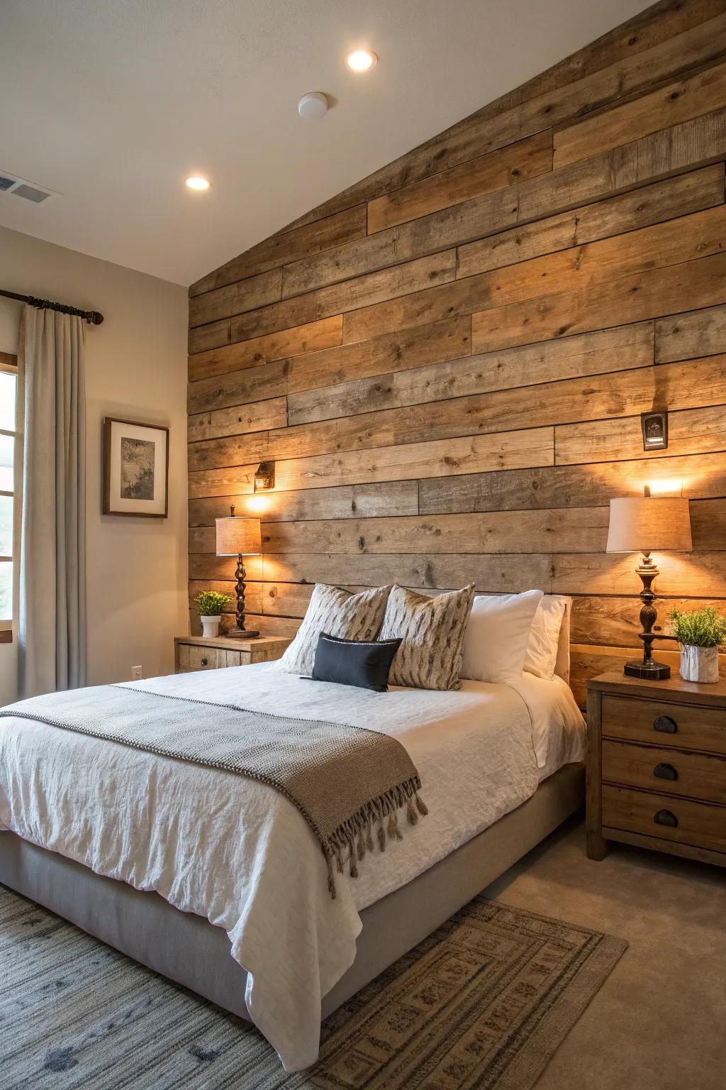 Create a cozy atmosphere with a reclaimed wood accent wall.