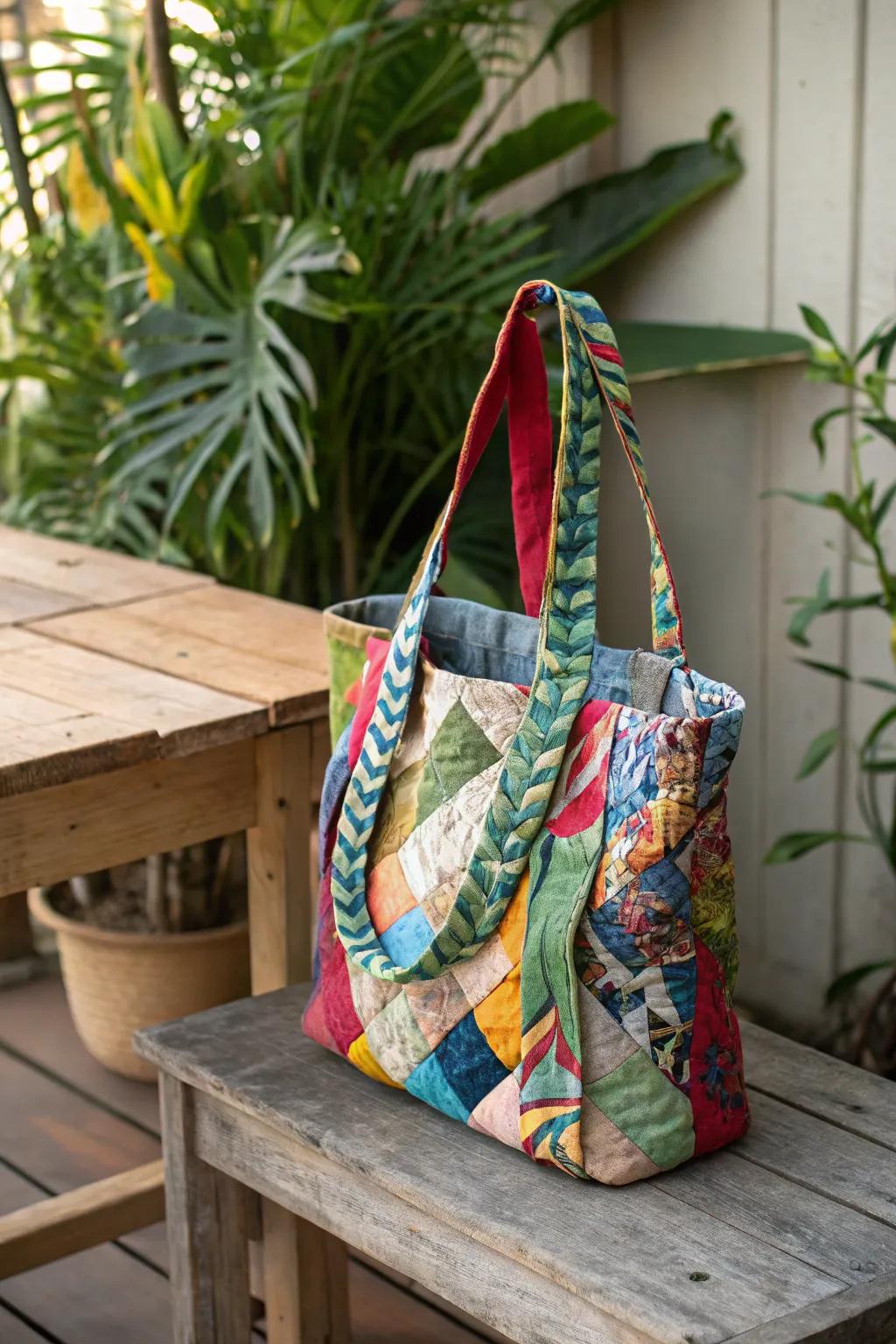 A stylish tote bag crafted from an old T-shirt.