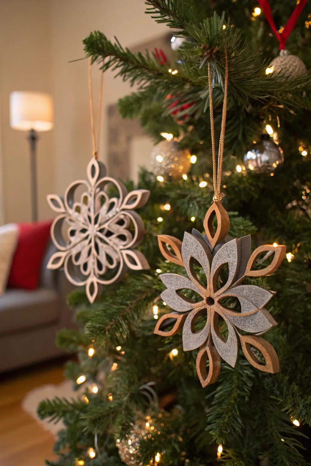 Snowflakes made from recycled toilet paper rolls bring a touch of whimsy.