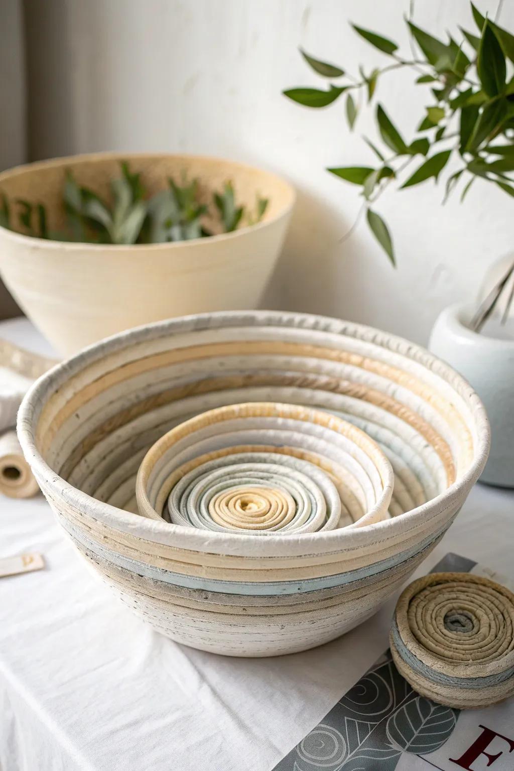 Artistry in simplicity: Handcrafted rolled paper bowl, a sustainable touch for your minimalist decor.