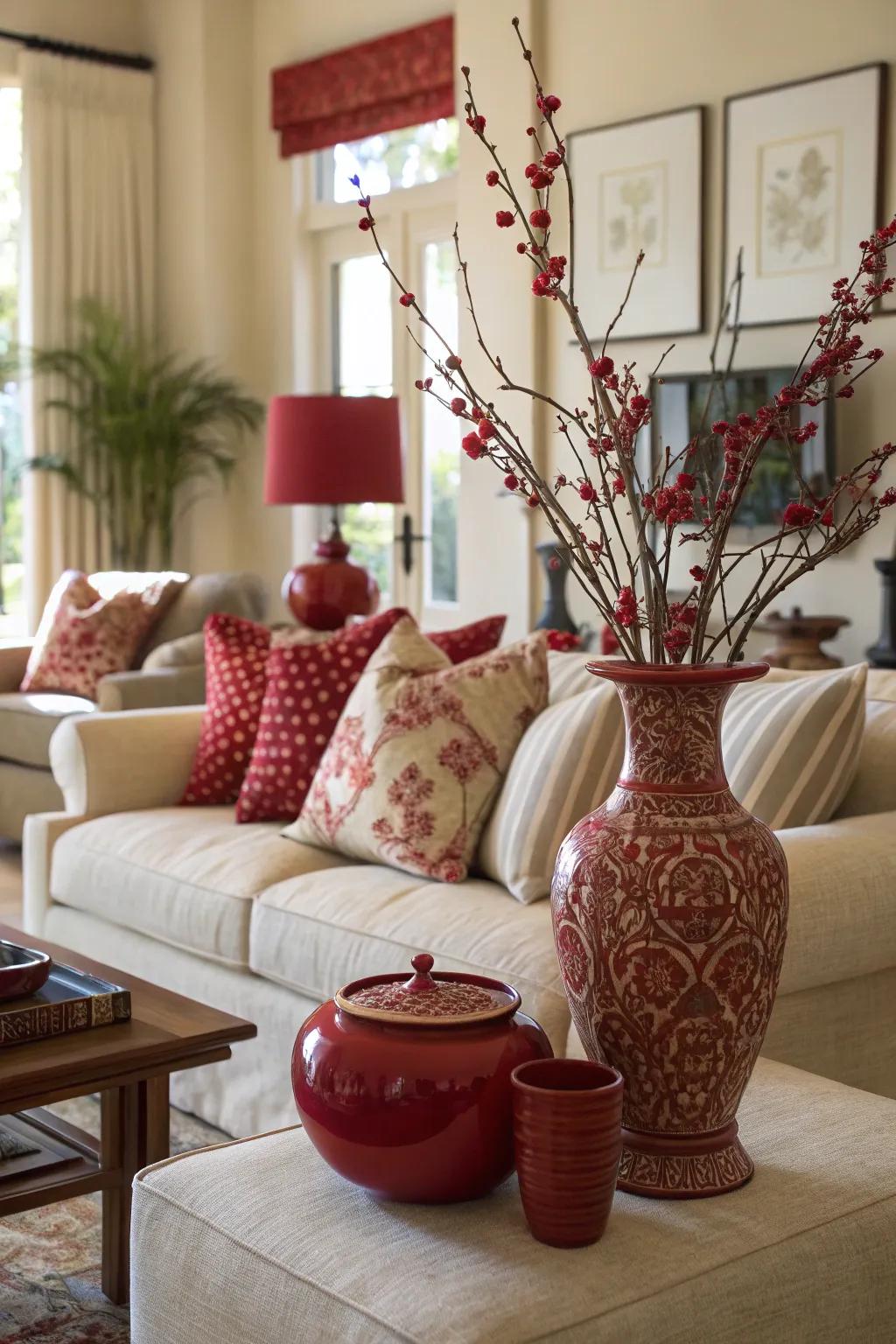 Subtle red accents bring warmth to a neutral living room.