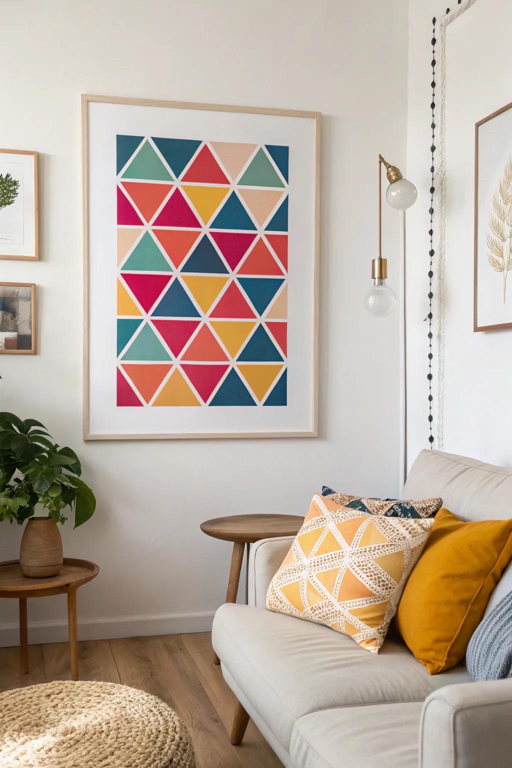 Geometric reduction prints add a pop of color to any space.