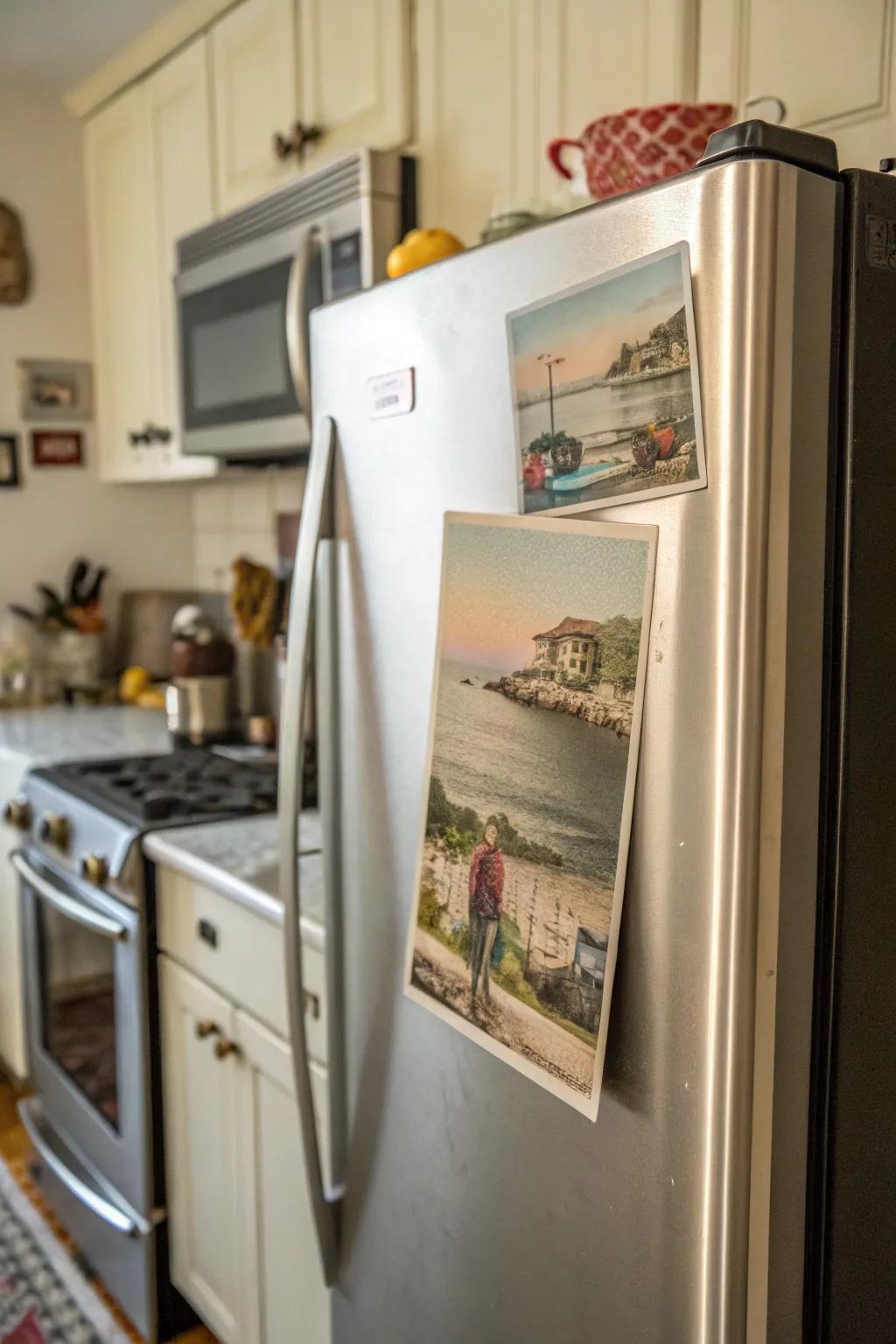 A vintage postcard magnet adds a touch of nostalgia to your kitchen.