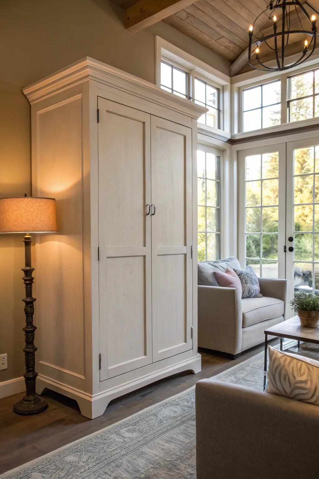 Chalk paint brings a modern touch to an old armoire, creating a fresh centerpiece.