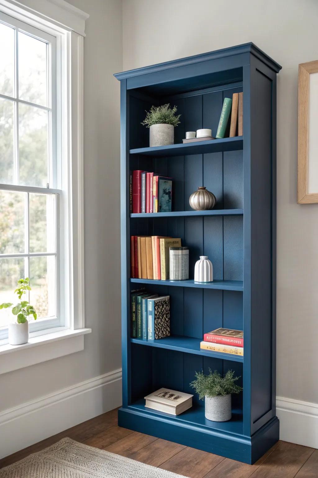 Transform your space with a bold splash of color! This navy blue bookshelf is the perfect blend of minimalist elegance and eye-catching style. #RefurbishedBeauty #ScandiBoho