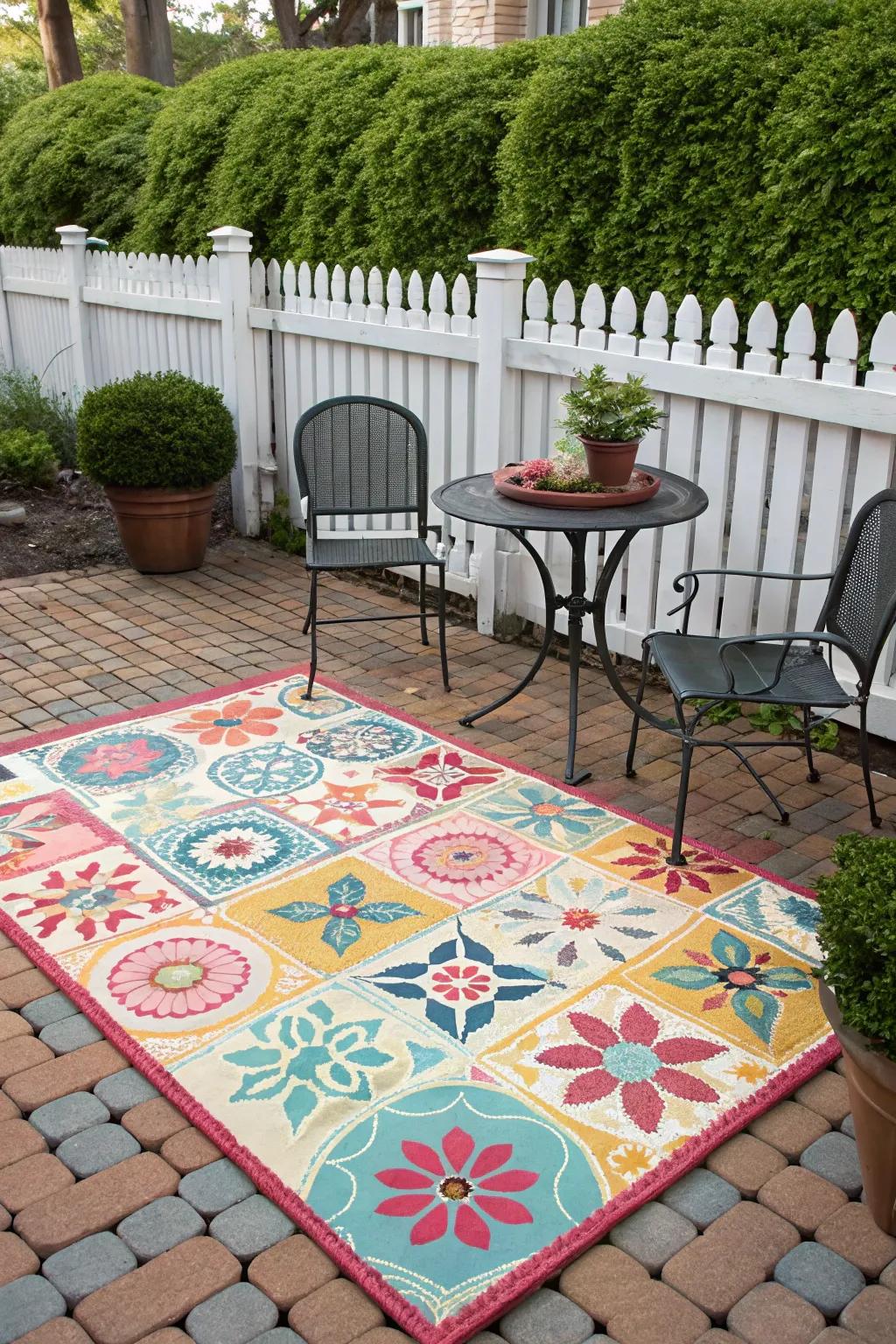 A colorful rug brings warmth and style to any patio.