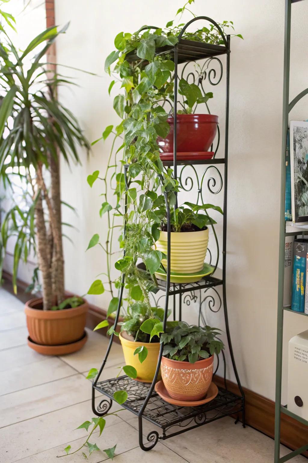 Transform your space with a touch of greenery and craftsmanship: a metal CD rack turned vibrant plant stand.