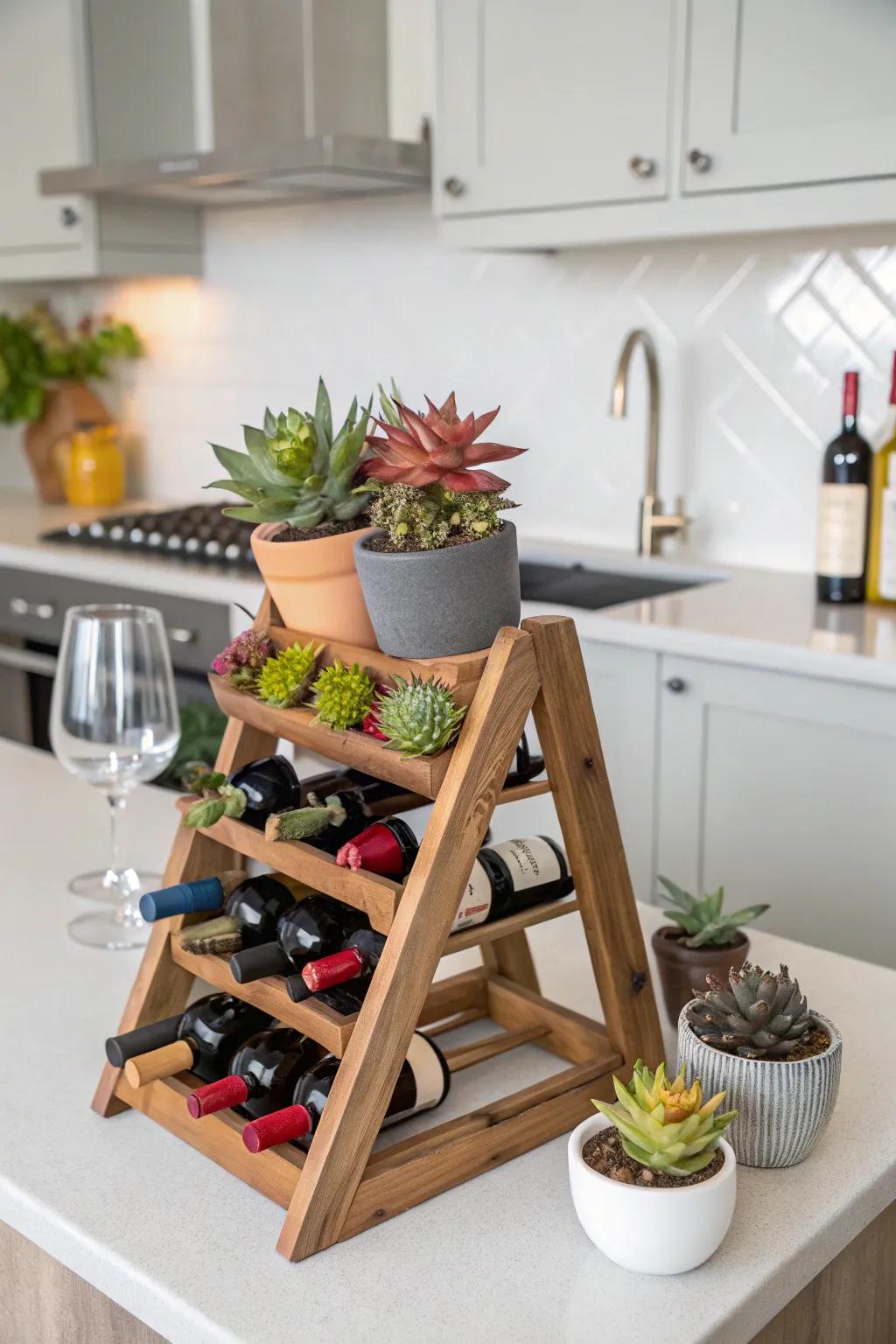 A wine rack turned into a lush succulent display.