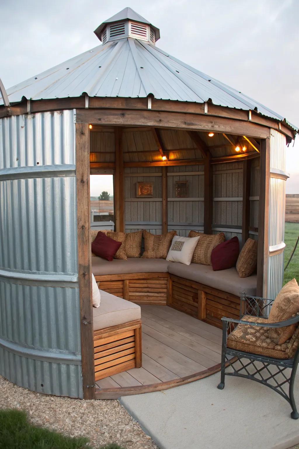 Transform your space with this inviting grain bin gazebo seating area, where industrial meets comfort and craftsmanship shines.