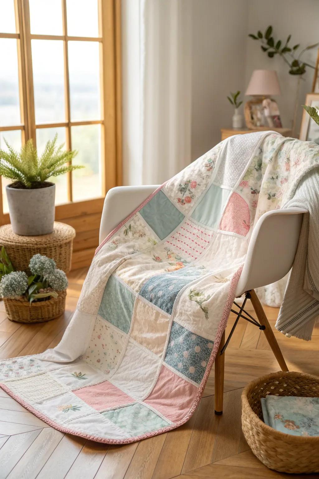 Wrap yourself in memories with this charming patchwork quilt, a testament to simplicity and heartfelt craftsmanship.