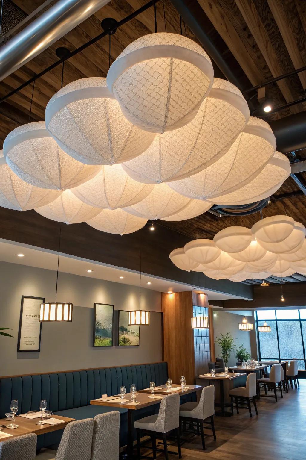 Ceiling clouds add both style and sound control to a restaurant.