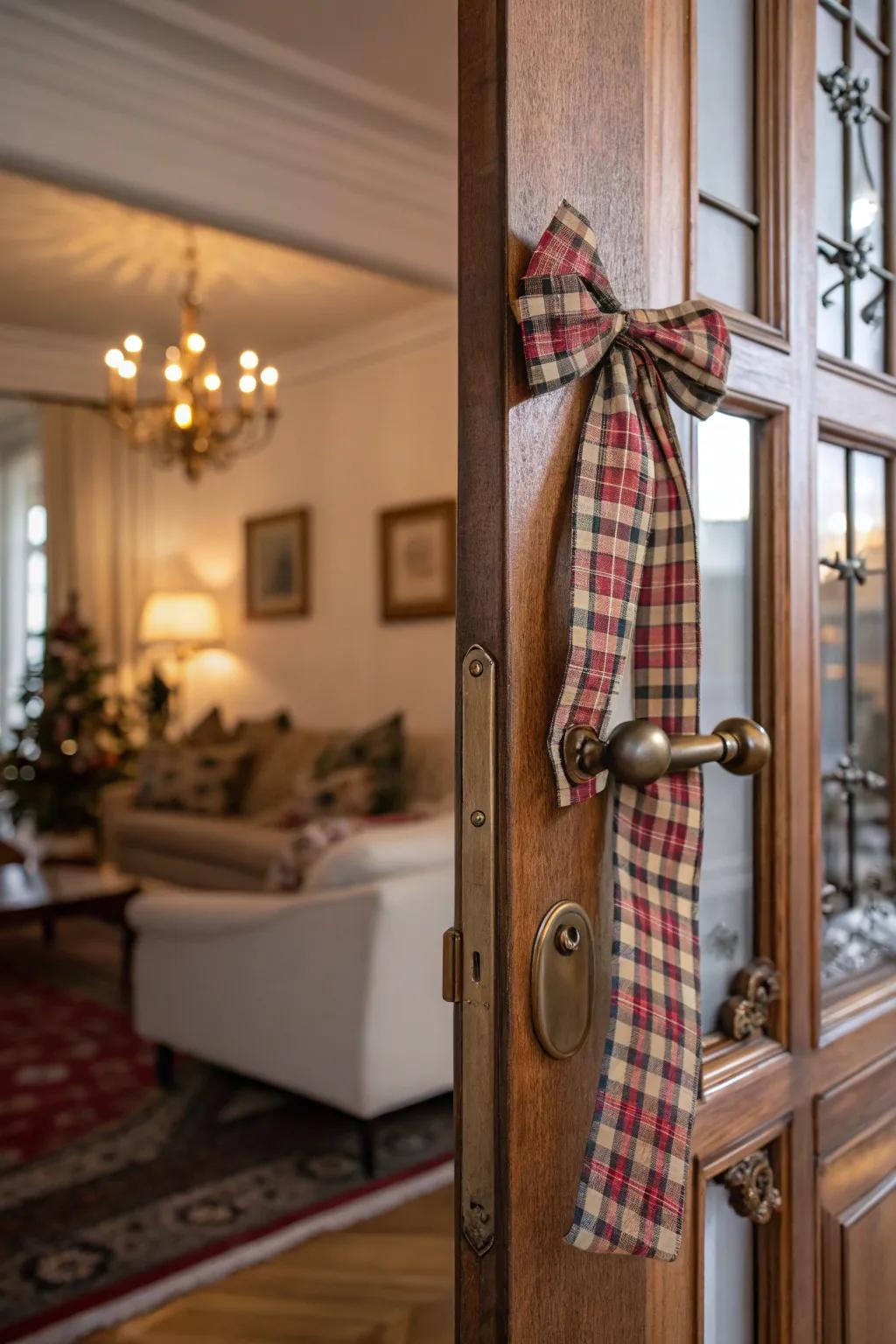 A simple ribbon bow transforms an ordinary door into a charming focal point.