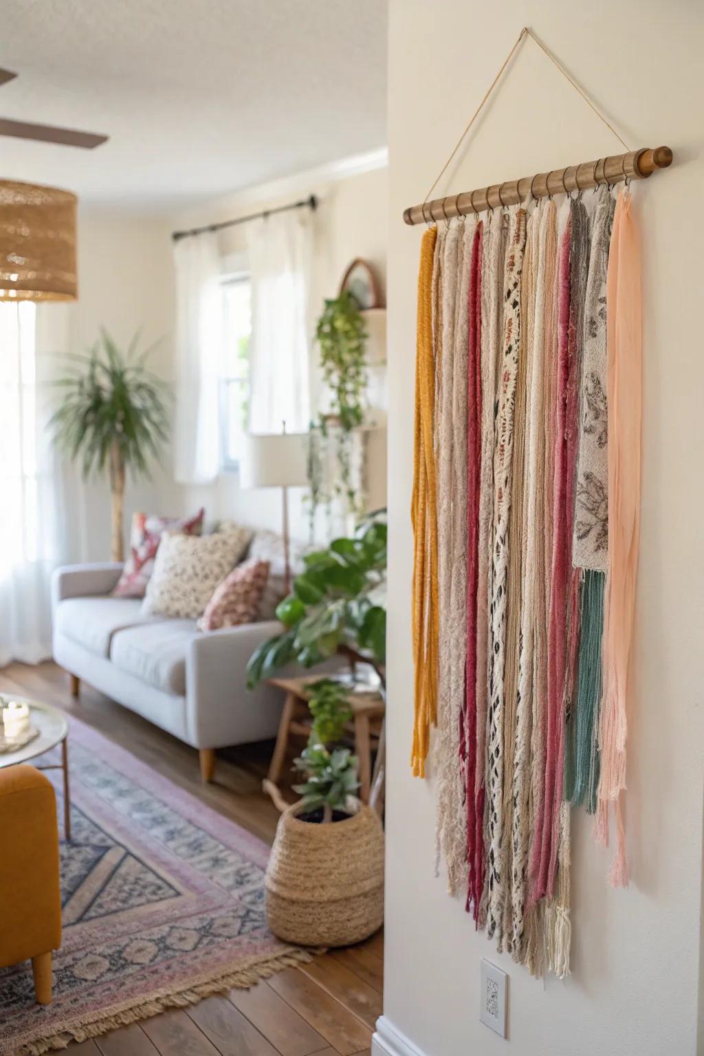 Boho charm with a ribbon wall hanging.