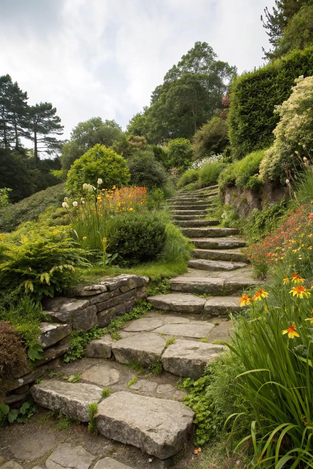 Natural stone steps create a charming pathway through the garden.