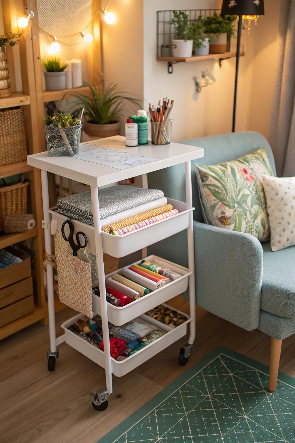 A compact rolling tool cart designed for crafting enthusiasts.