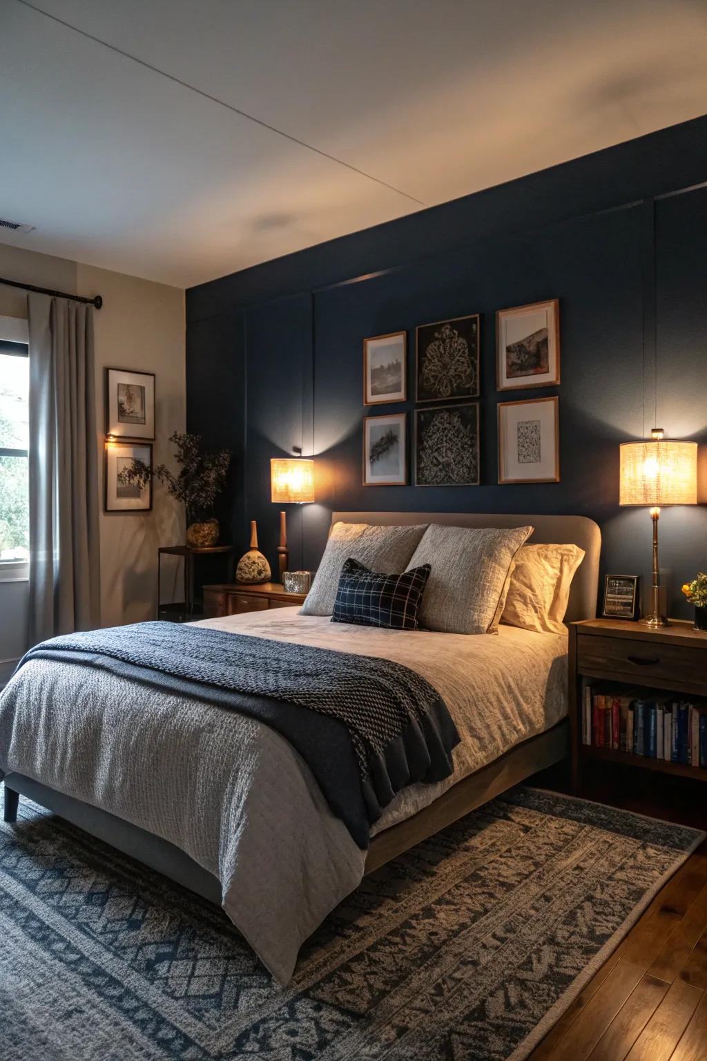 A bedroom with moody dark blue walls for a romantic atmosphere.