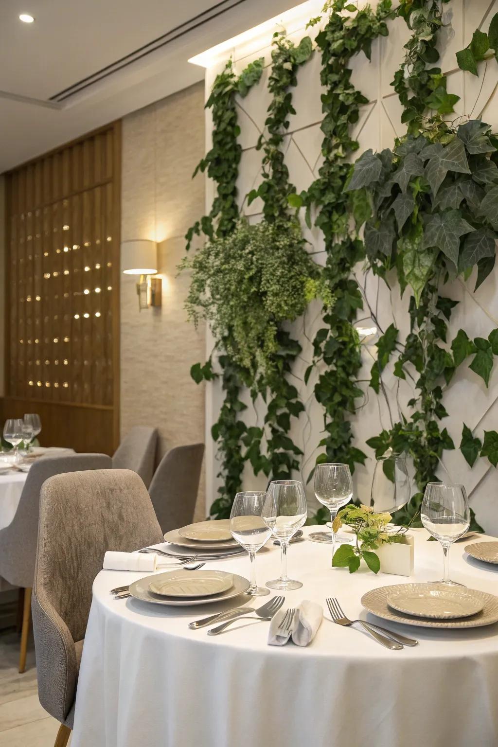 A dining room with a vibrant ivy-covered feature wall.