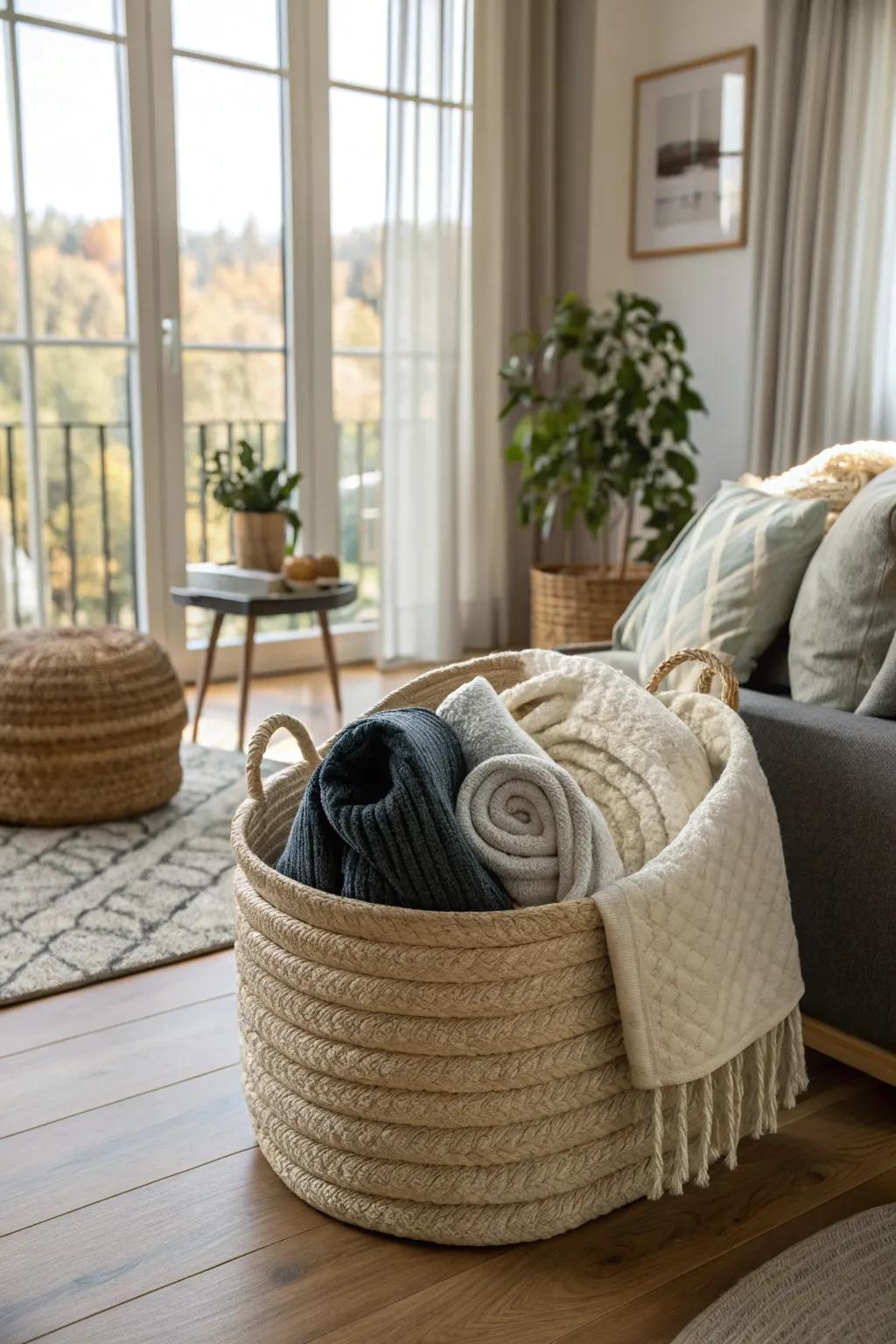 A classic rope storage basket adds a cozy touch to any room.