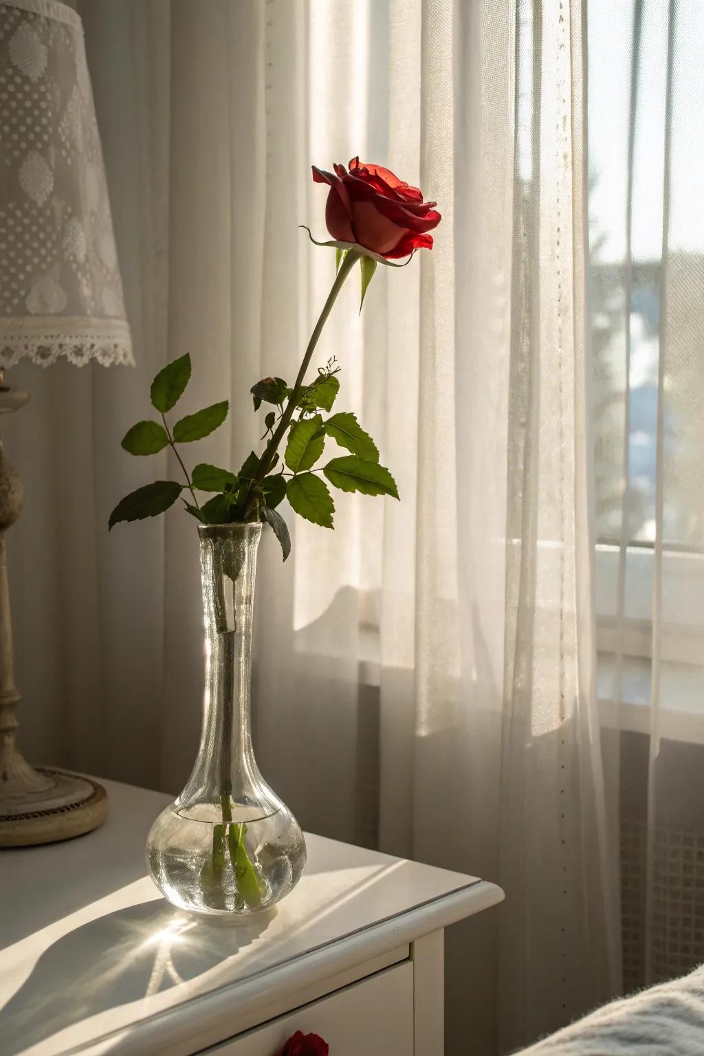 A single rose in a vase adds a touch of elegance to the bedside.