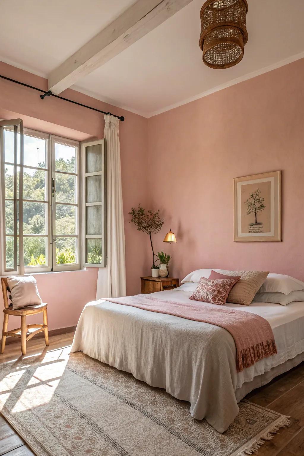 Soft blush walls create a calm and inviting atmosphere.