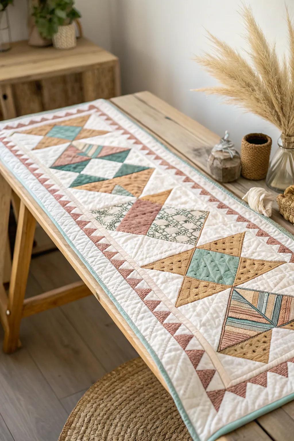 Elevate your quilt with a touch of modern elegance through geometric borders. #ScandinavianStyle #QuiltingArt