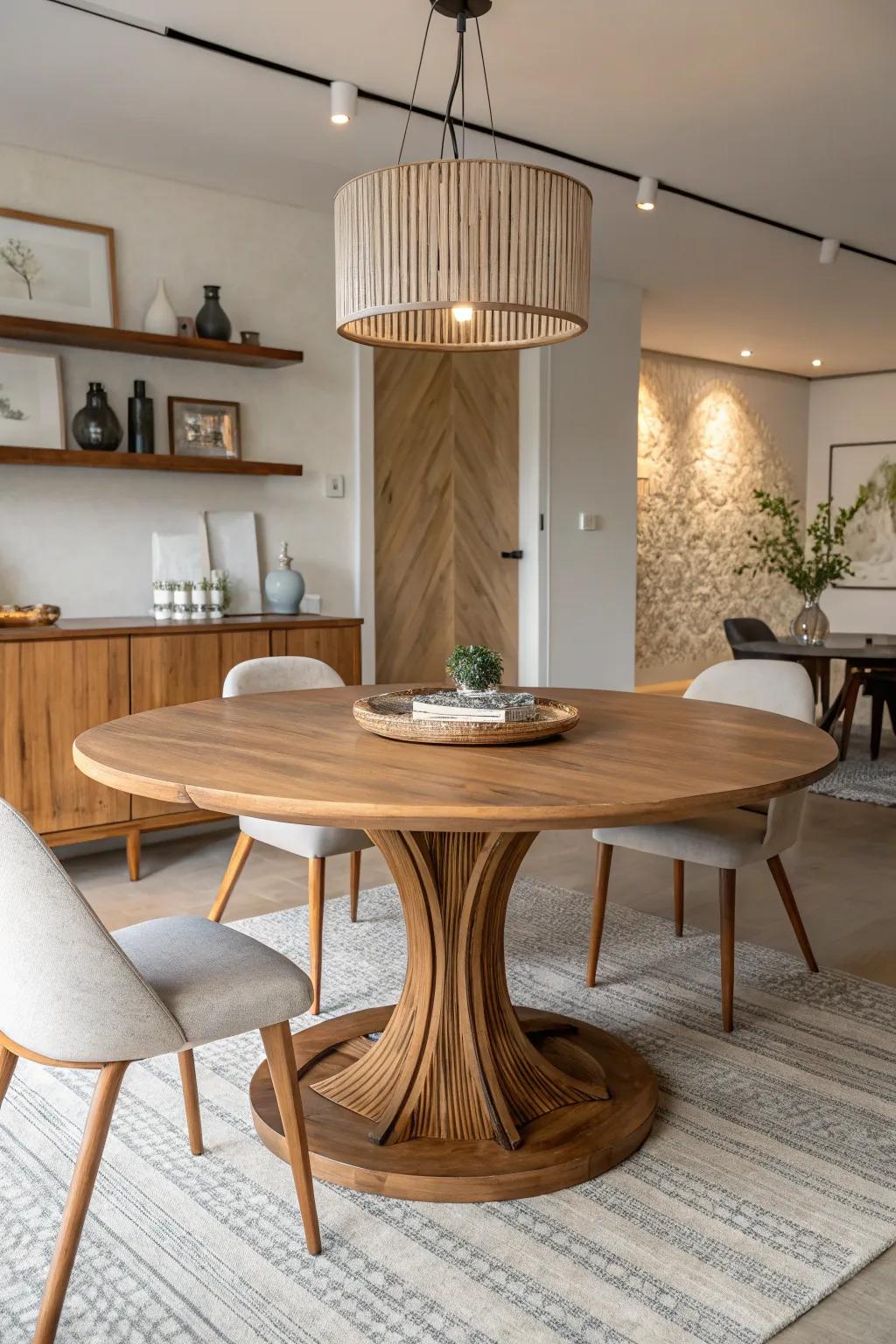 A natural wood round table adds warmth and organic beauty to this modern dining room.