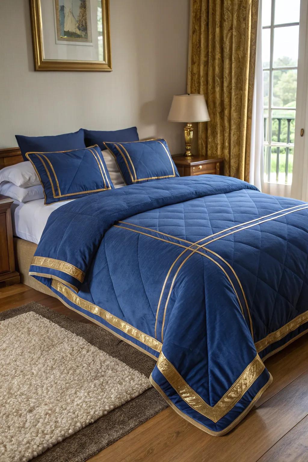 A classic royal blue duvet with gold accents offers timeless elegance.