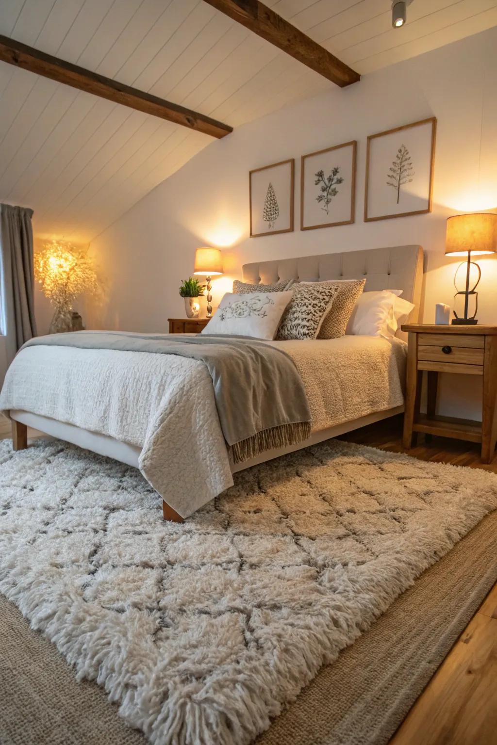 A high-pile shag rug in a modern bedroom provides ultimate comfort and style.